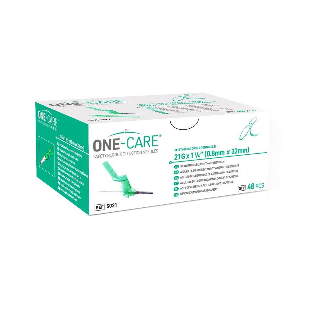 Safety Blood Collection Needles, 21Gx1 1/14", w/o Holders, Green, 48/bx 