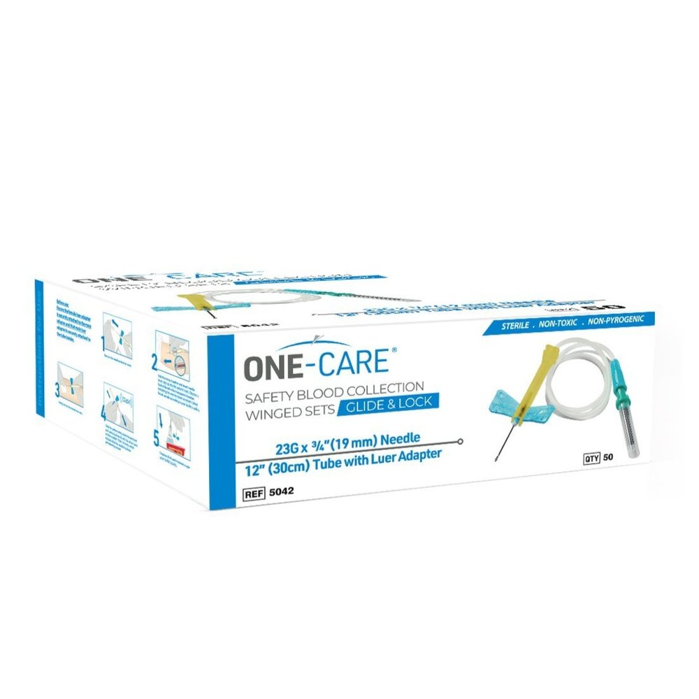 GLIDE & LOCK Safety Blood Collection Wing Sets 23Gx3/4'', Blue, Luer Adapter, 12'' Tube, 50/bx