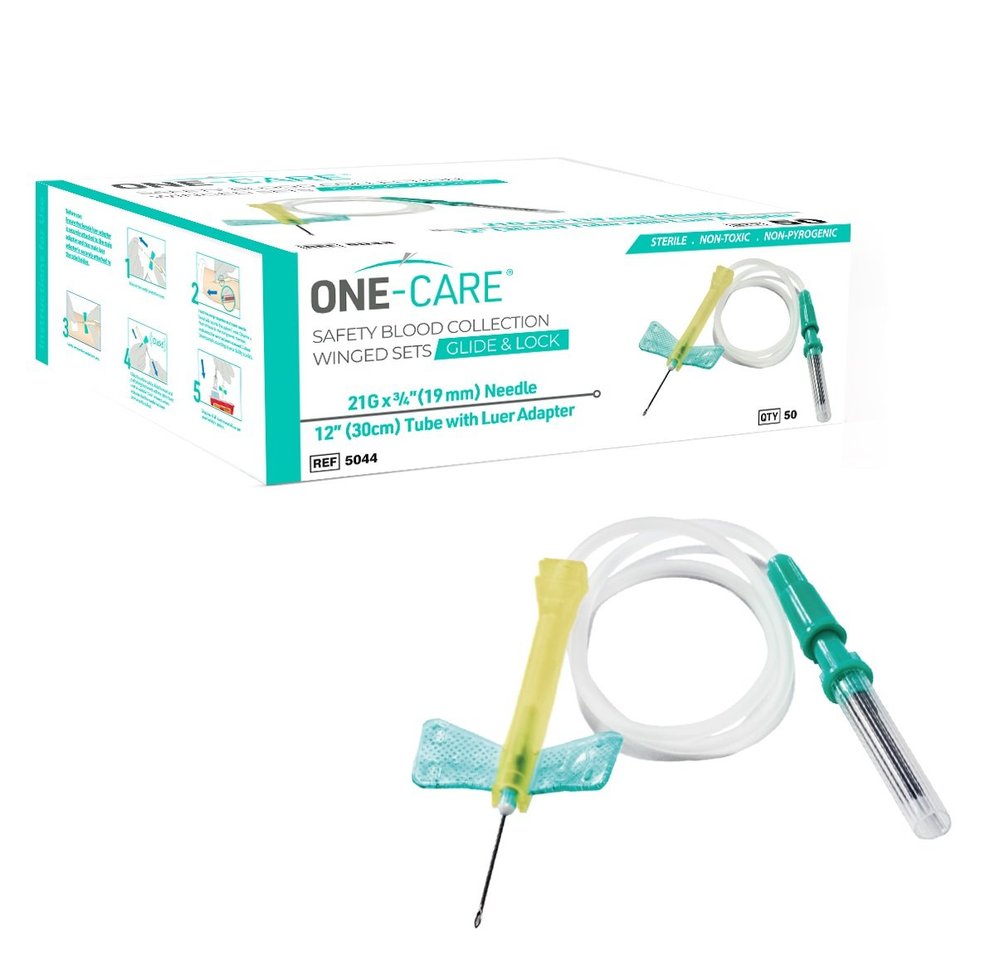 GLIDE & LOCK Safety Blood Collection Wing Sets 21Gx3/4'', Green, Luer Adapter, 12'' Tube, 50/bx