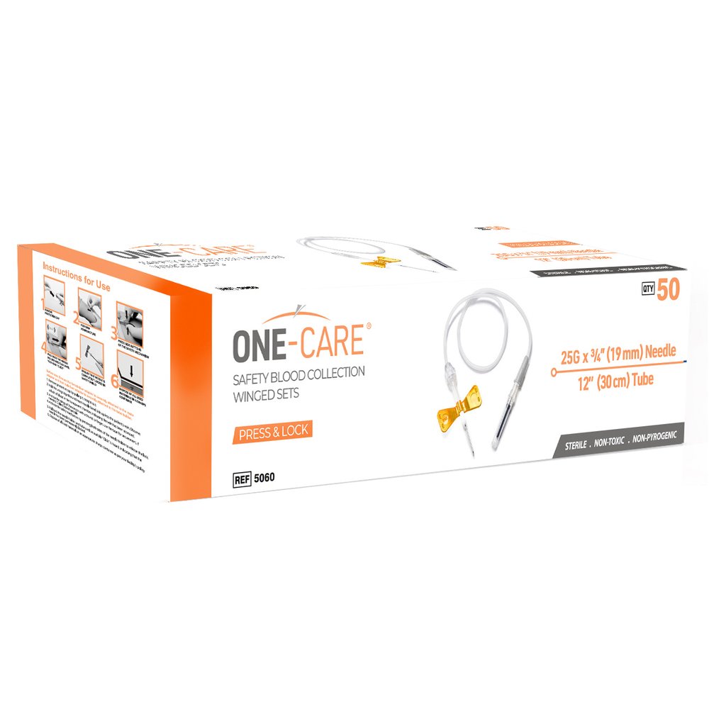 PRESS & LOCK Safety Blood Collection Sets, 25G x 3/4'', Orange, Luer Adapter, 12'' Tube, 50/bx
