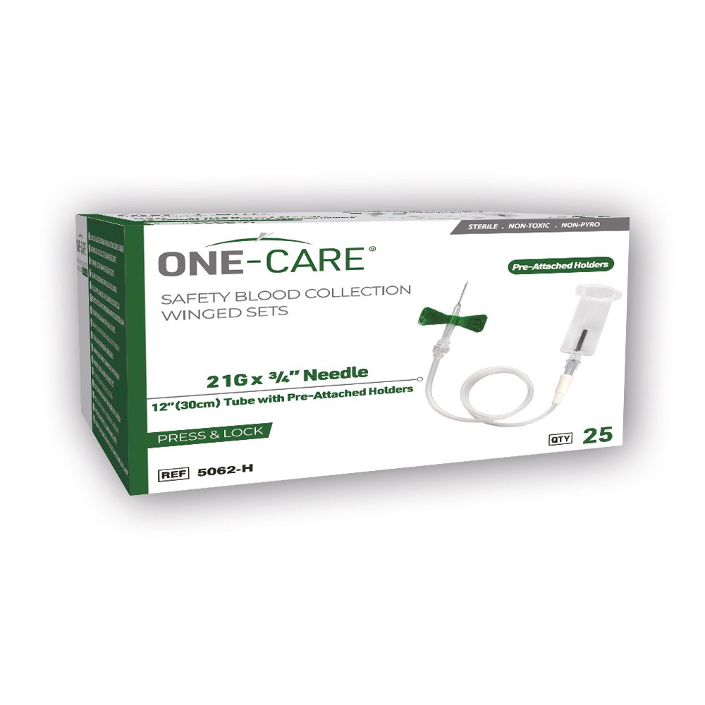 PRESS & LOCK Safety Blood Collection Wing Sets, 21G x _, Green, 12" Tube, Pre-Attached Holder, 25/bx