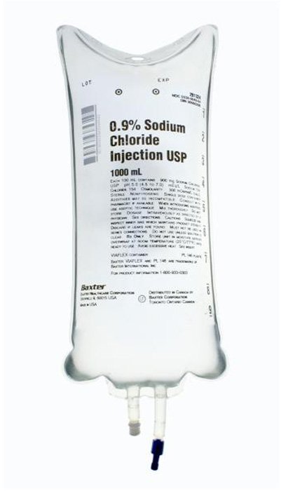 Sodium Chloride Injection, 0.9%, USP, 1000 ml, Viaflex Plastic Container, 14/cs (60 cs/plt) (Rx) (Continental US Only) (Product Access Restricted. Check with your sales rep to verify eligibility) (Item is on Manufacturer Allocation - Quantities may Limited)