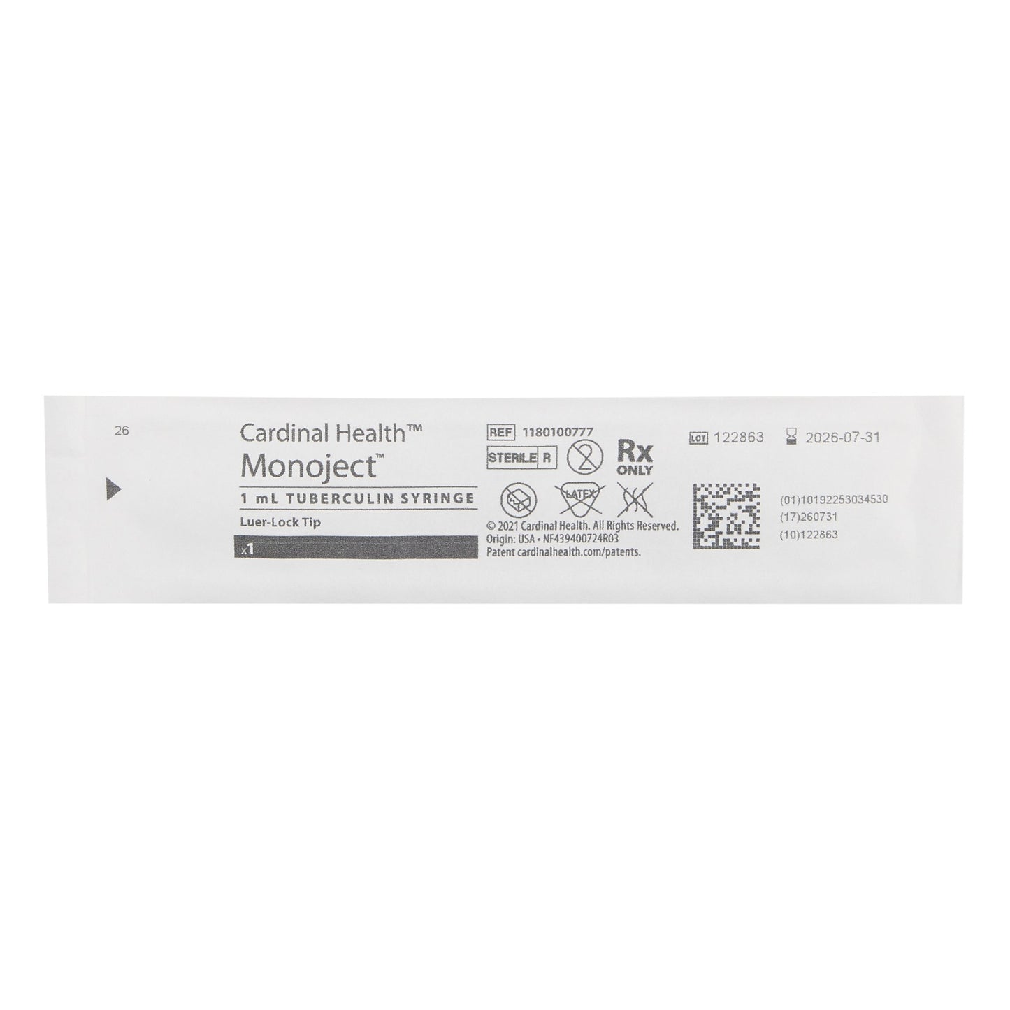 Tuberculin (TB) Syringe Only, 1mL, Luer-Lock Tip, 60/bx, 4 bx/cs (Continental US Only) (Item on Manufacturer Hold that may result in Backorder - Inventory Limited when Available) 