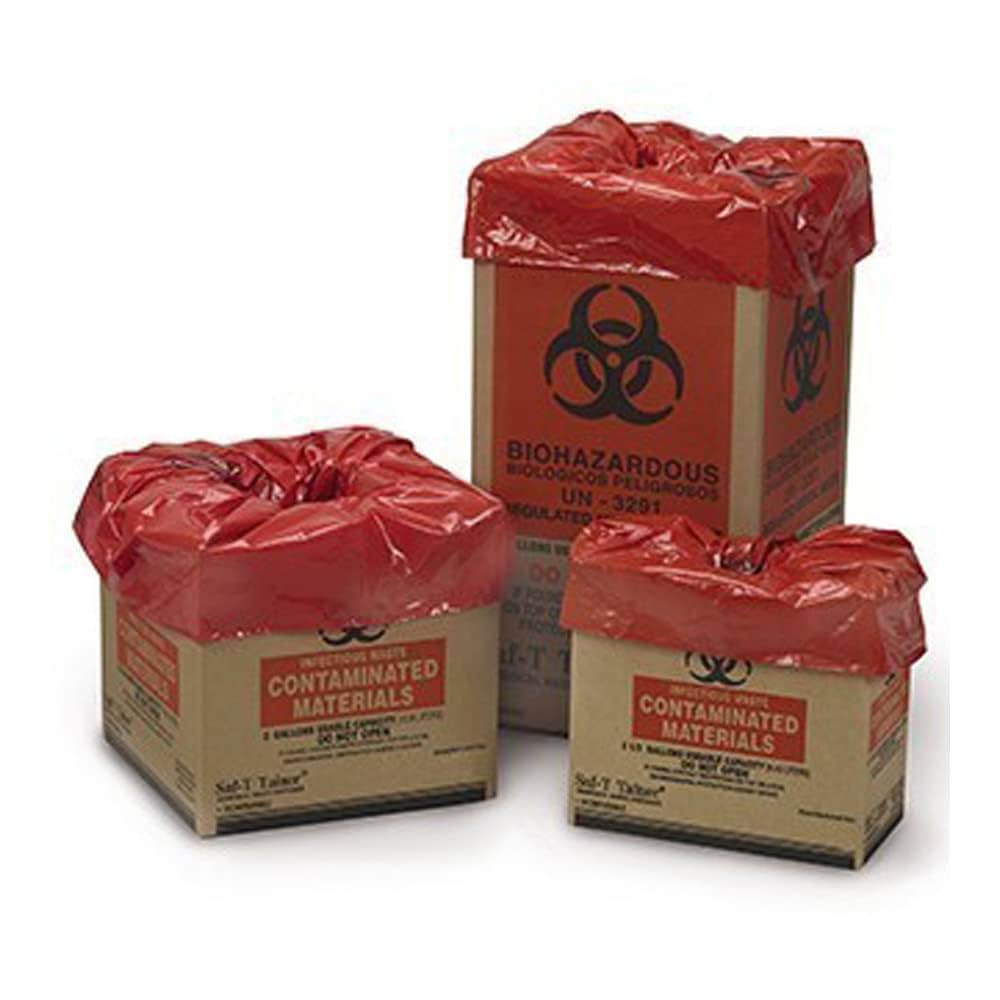 Biomedical Waste Container, Corrugated Box & Liner, Flat Pack, 11 Gallon, 12" x 24" x 12", Print: Biohazardous/ Infectious Waste, Biohazard Symbol, Color: Red/ Black/ Red, 14/cs