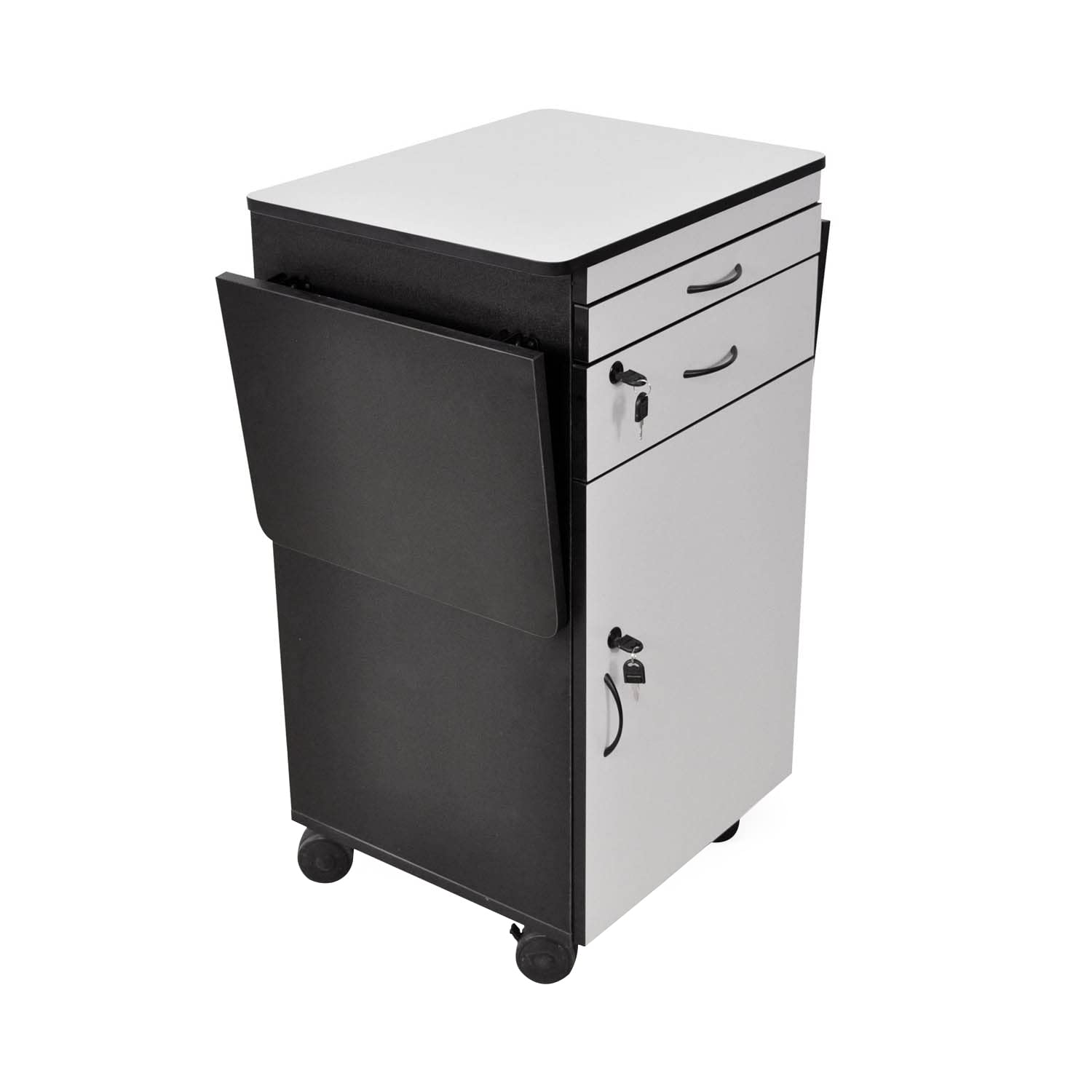 Multimedia Workstation, Wood with Laminate Finish, 23.75"W x 18.875"D x 37.375"H, (2) Drop-Leaf Shelves, Lockinig Cabinet, Pullout Keyboard Shelf, (4) 3" Casters (2 with Locking Brakes), Assembly Required (DROP SHIP ONLY)