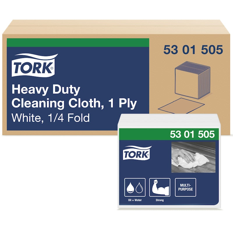 Cleaning Cloth, Heavy-Duty, 1/4 Fold, White, 1-Ply, Embossed, 13" x 12.6", 50 sht/pk, 6 pk/cs (126 cs/plt)