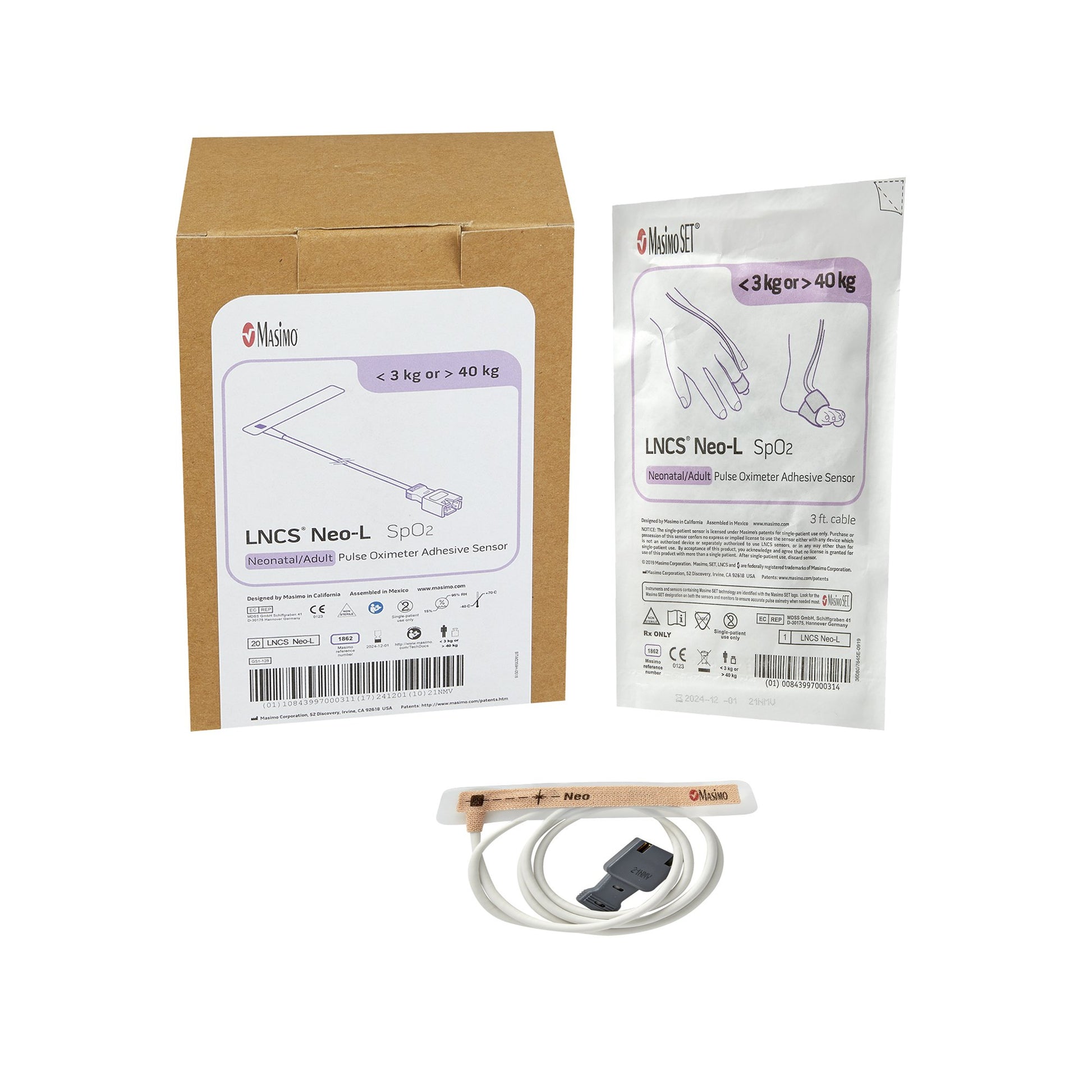 LNCS Neo-L, Neonatal SpO2 Adhesive Sensors, 3ft, Sterilizable, 20/bx (Rx) (Continental US & Puerto Rico Only)
