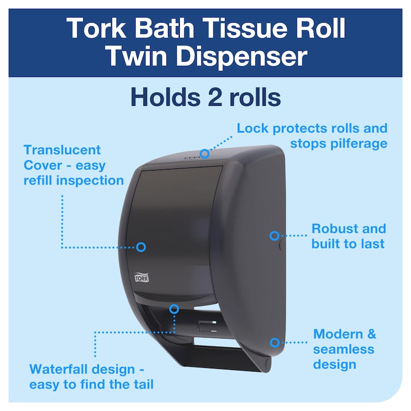 Tork Bath Tissue Roll Twin Dispenser, T24, 12.8" x 7.5" x 7", Plastic, Smoke (234 cs/plt)