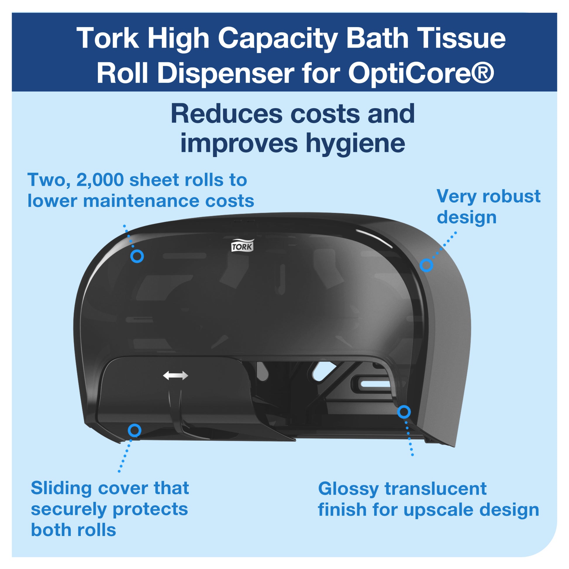 Bath Tissue Roll Dispenser, High Capacity, Twin, Universal, Black, T10, Plastic, 16.6" (W) x 5.3" (L) x 9.9" (H) (64 cs/plt) (To Be DISCONTINUED)