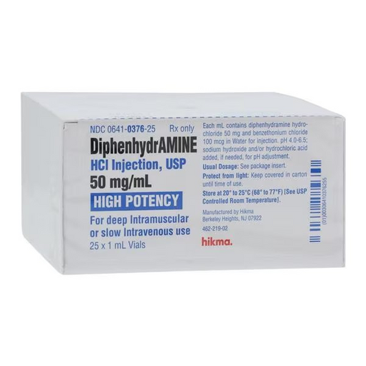 Diphenhydramine HCl Injection 50mg/mL SDV 1mL 25/Package (00641037625)