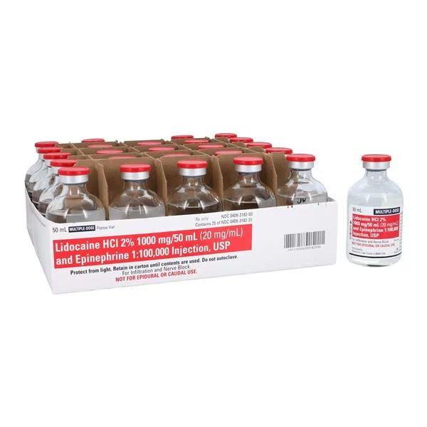 Lidocaine HCl Epinephrine Injection 2% 1:100,000 MDV 50mL 25/Package, 4 BX/CA (00409318201)