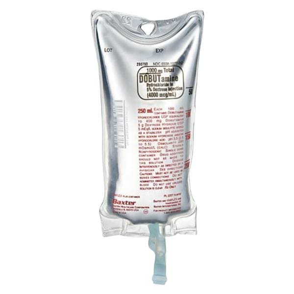 Dobutamine Hydrochloride, 5% Dextrose Injection, 1000 mg/ 250 ml (4000 mcg/ml), Viaflex Plastic Container, Liquid Premix, 18/cs (Rx) (Item is Non-Returnable) (Continental US Only, Excluding IN and ND) (Product Access Restricted. Check with your sales rep to verify eligibility) (Item on Manufacturer Allocation - Inventory Limited when Available)