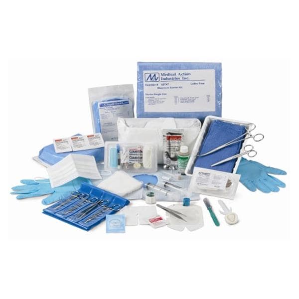 Kit Includes:  (1) #R1645 Instrument: Scalpel #11, Plastic Handle;  (1) #S2109-550C Instrument:  Hemostat Kelly Wire 5.5;  (1) #S2509-5CPP Instrument:  Forcep 5" Wire, Tis Insert w/PP;  (5) CG-1033-12-4 Gauze:  3x3, 12-Ply;  (1) #R6396 Solution:  PVP Iodophor Prep Pad M;  (1) #R6467 Pad:  Alcohol Prep;  (1) #S863 Bag:  Refuse 7.5 x 13;  (1) #2033002 Drape:  18" x 14" with 2.75" Fen;  & (1) #R0910 Towel:  13x18 2-Ply Folded.