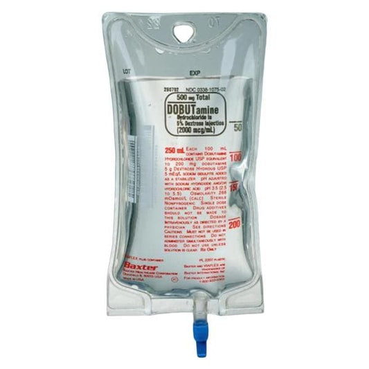 Dobutamine Hydrochloride, 5% Dextrose Injection, 500 mg/ 250 ml (2000 mcg/ml), Viaflex Plastic Container, Liquid Premix, 18/cs (Rx) (Item is Non-Returnable) (Continental US Only, Excluding IN and ND) (Product Access Restricted. Check with your sales rep to verify eligibility) (Item on Manufacturer Allocation - Inventory Limited when Available)