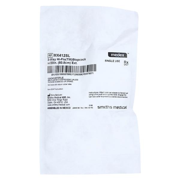 Extension Set, 3-Way Hi-Flo Stopcock Standard Bore Extension, Slide Swivel Luer, Non-DEHP Formulation, Latex Free (LF), 2.6mL, 22" (56cm), 50/cs (US Only)