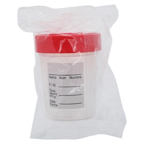 Urine Collection Container, 100 mL, PP, Red Screw Cap, Individually Wrapped, Sterile, 100/cs