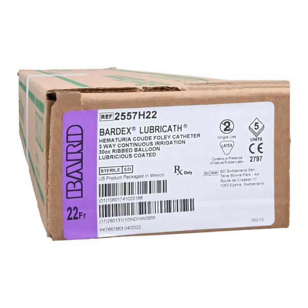 Hematuria Foley Catheter, 3-Way Coude Tip, 22FR, 30cc Balloon, Hydrophilic Polymer Coated, Latex, 5/cs (US Only)