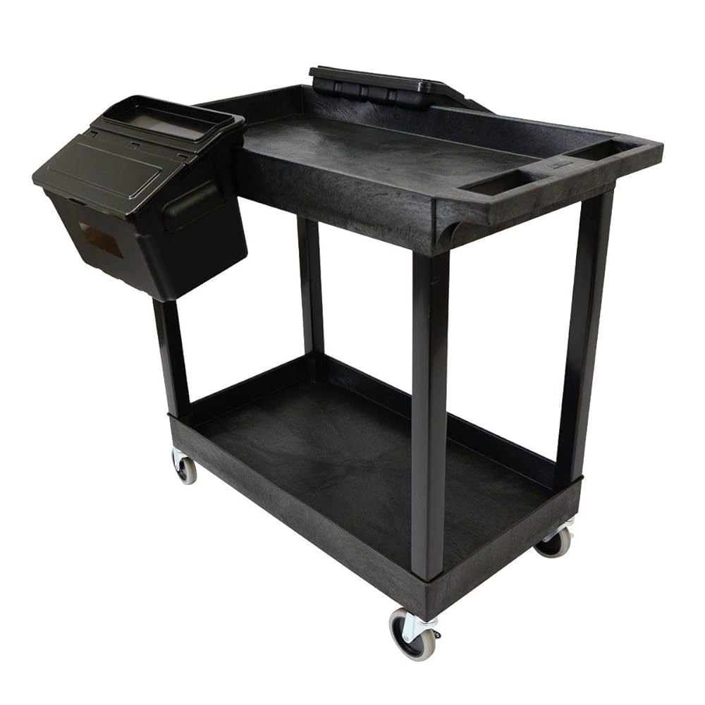 Tub Cart, Two Shelves (2.5" Deep each), Black, 35.25" W x 18" D x 34.25" H, with Outrigger Bins, (4) 4" Full Swivel Casters (with 2 Locking Brakes), Maximum Weight Capacity 400lbs (DROP SHIP ONLY)