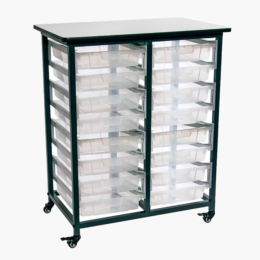 Mobile Bin Storage Unit, Double Row, (16) 3" Deep Small Clear Bins, Overall: 30.75"W x 20"D x 37.5"H (DROP SHIP ONLY)