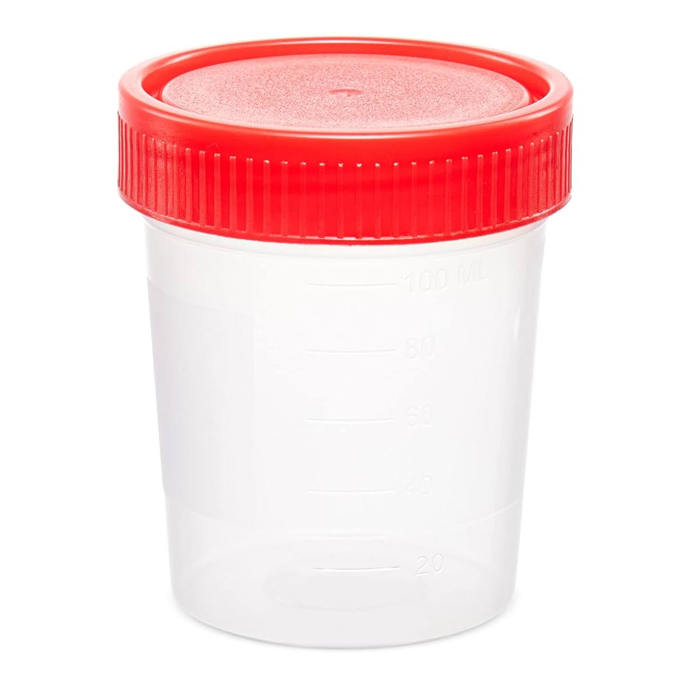 Urine Collection Container, 100 mL, PP, Red Screw Cap, Non-sterile, 500/cs
