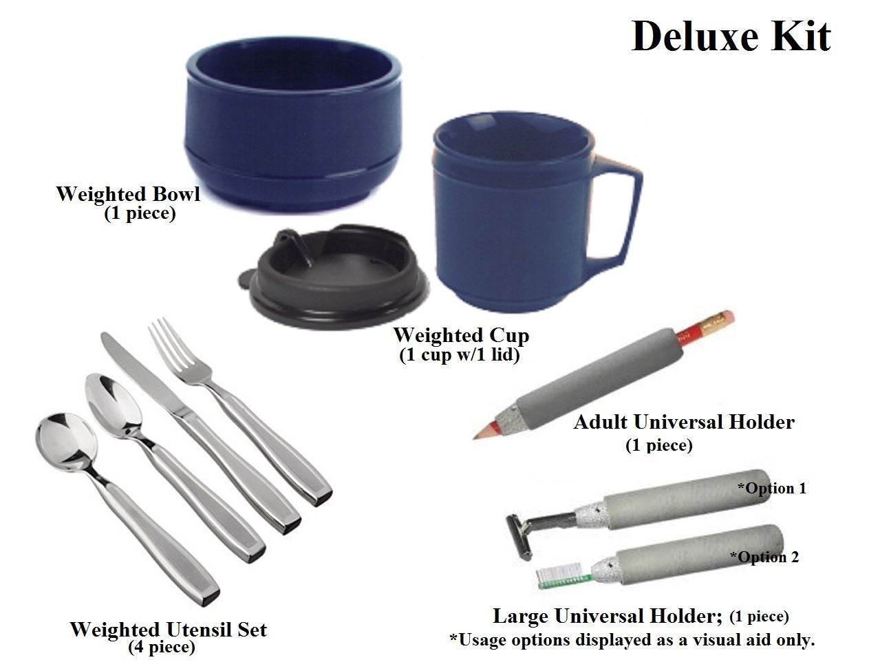 Parkinsons Weighted Kit, Deluxe Includes: Weighted Utensil Set, Weighted Insulated Cup & Bowl, Universal Adult & Large Holder