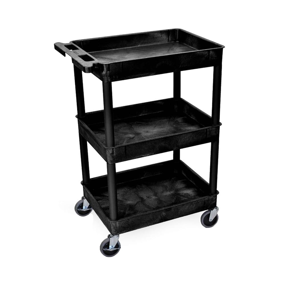Tub Cart, Three Shelves (2.75" Deep each), Black, 24"W x 18"D x 36.5"H, with (4) 4" Casters (2 with Locking Brakes), Maximum Weight Capacity 300lbs, Assembly Required (DROP SHIP ONLY)