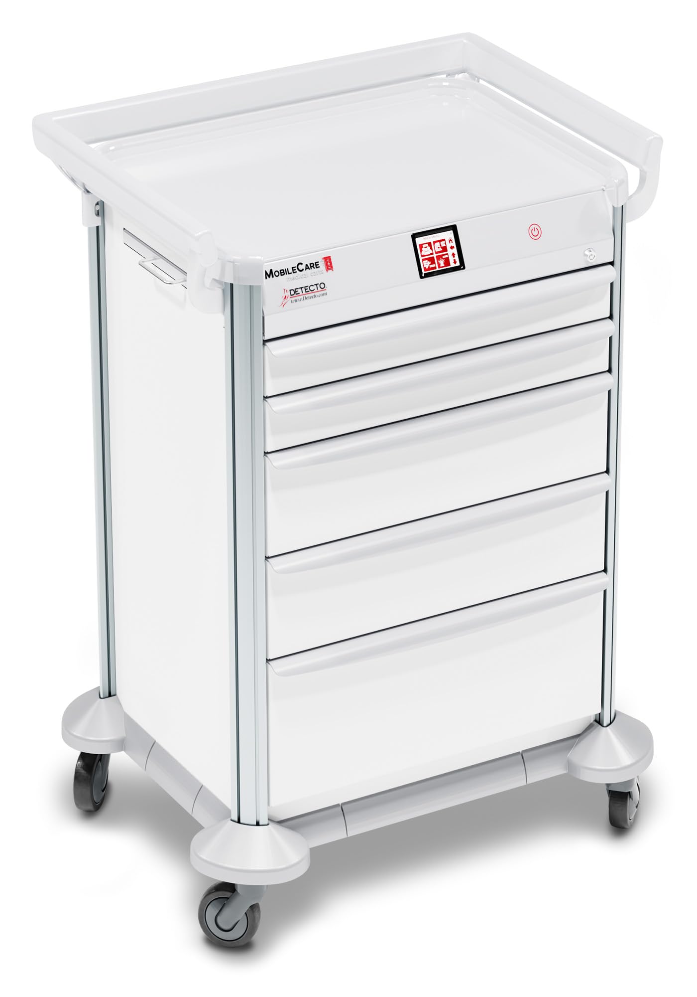 Mobile Car Medical Cart, White, Electronic, Standard Lock, (5) Drawer (33669), (3) Sided Hand Rail, 23in Wide Drawers (DROP SHIP ONLY)