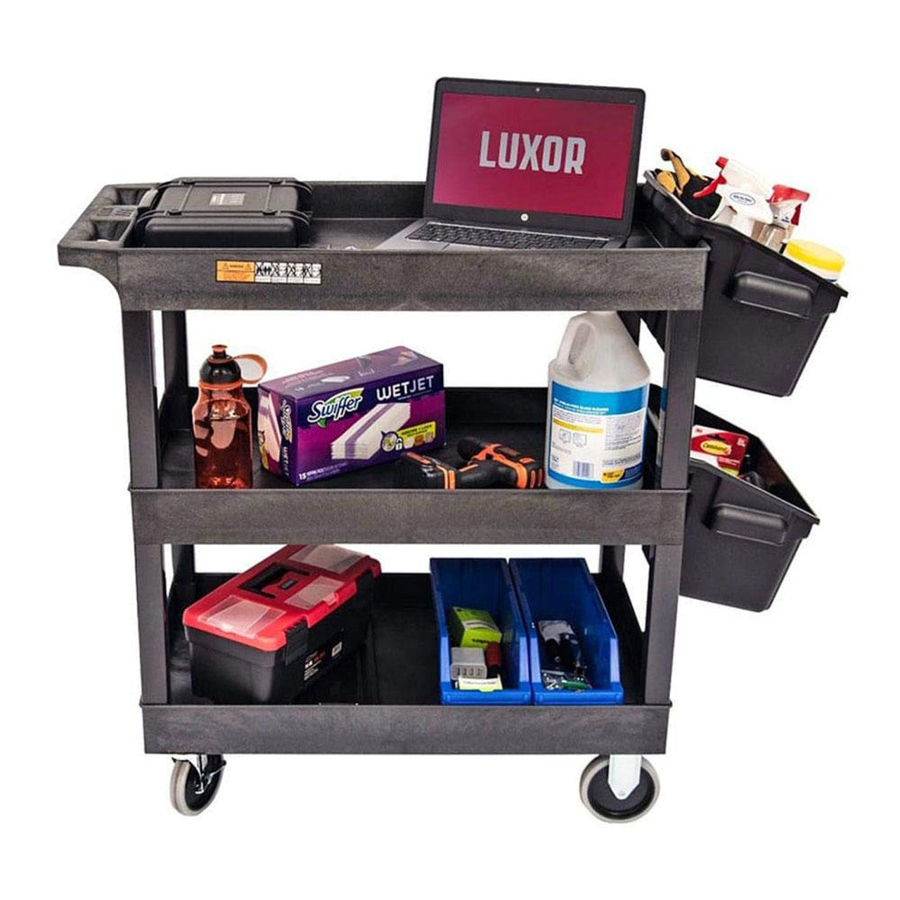 Tub Cart, Three Shelves (2.5" Deep each), Black, 35.25" W x 18" D x 34.25" H, with Outrigger Bins, (4) 4" Full Swivel Casters (with 2 Locking Brakes), Maximum Weight Capacity 400lbs (DROP SHIP ONLY)