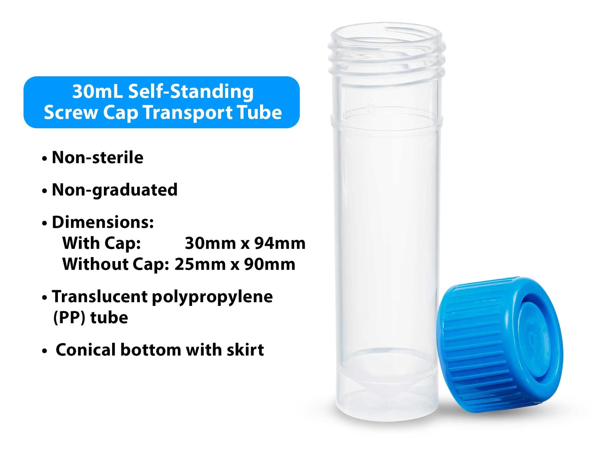 Transport Tube, PP, 30 mL, Non-Sterile, 500/cs