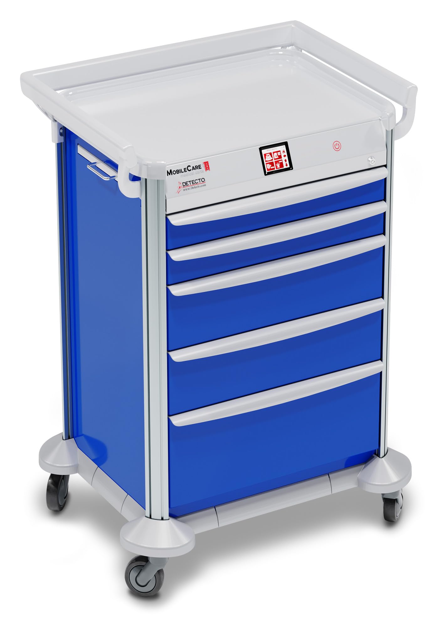 Mobile Care Cart, Blue Electronic Medical Cart, with Individual Drawer Sensors, 23 Wide Drawers (5) Drawers (2 qty 3, 2 qty 6, 1 qty 9), 3 Sided Hand Rails (DROP SHIP ONLY)
