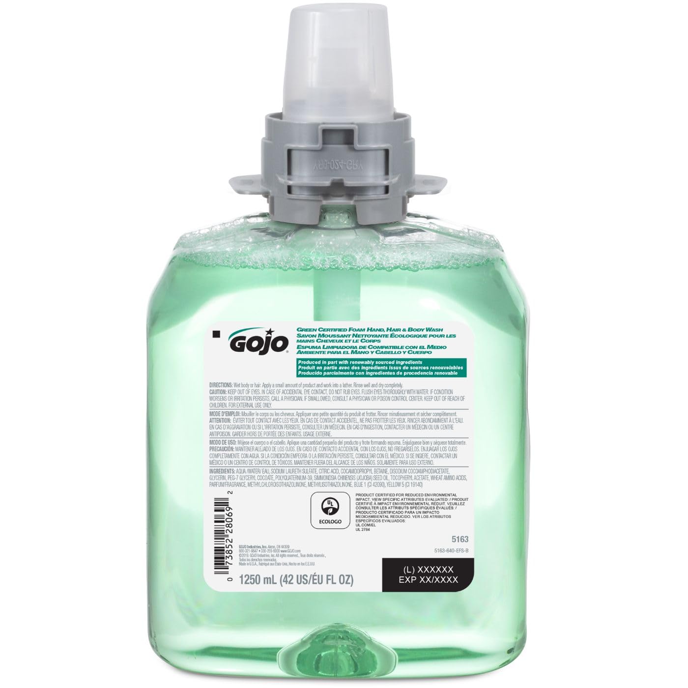 Green Certified Foam Hand, Hair & Body Wash, Green, FMX-12, 1250mL, 4/cs