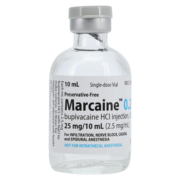 Marcaine (Bupivacaine Hydrochloride Injection, USP), 2.5 mg/ml, 10 ml Vial, Single Dose, Glass Fliptop Vial, 10/bx (Rx) (Item is Non-Returnable) (We must have your Wholesale Drug License on File before shipping this product) (US Only, Excluding IN and ND)