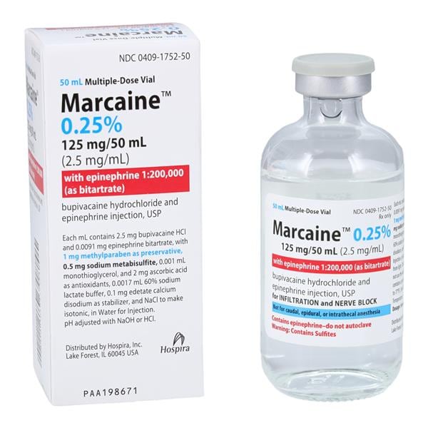 Marcaine with Epinephrine as the Bitartrate, 1:200,000, 2.5 mg/ml, 50 ml Vial, Multiple Dose, Glass Fliptop Vial (Rx) (Item is Non-Returnable) (We must have your Wholesale Drug License on File before shipping this product) (US Only, Excluding IN and ND)