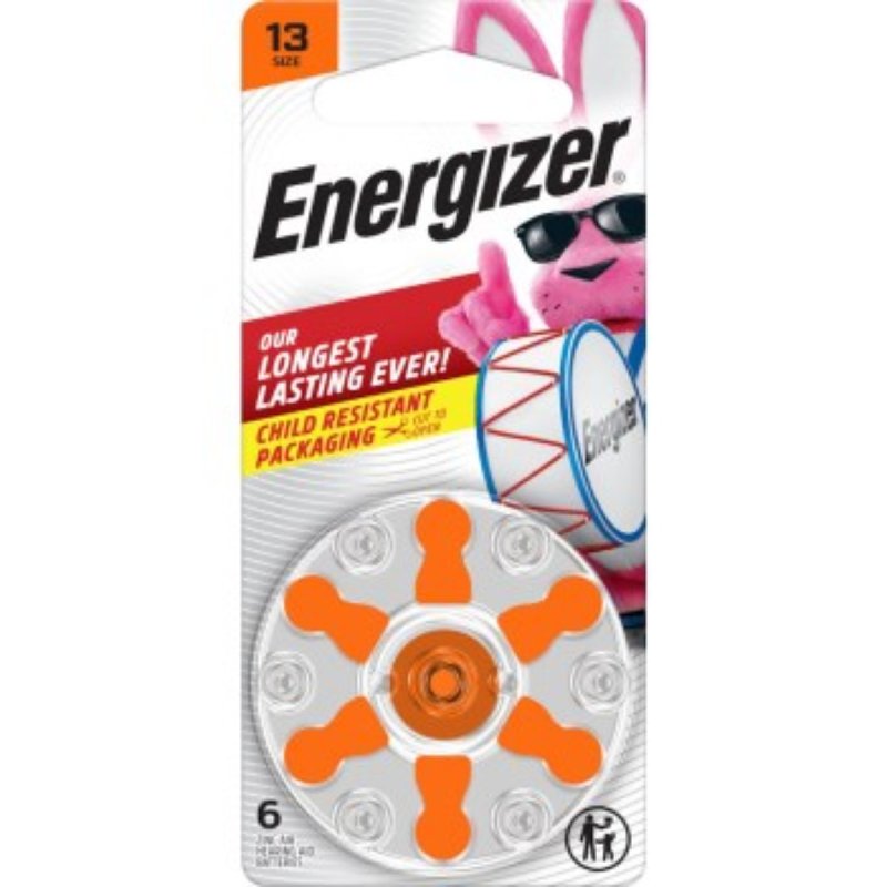 Battery, Energizer, Hearing Aid, Size 13, Orange Tab, 6/pk, 60pk/cs