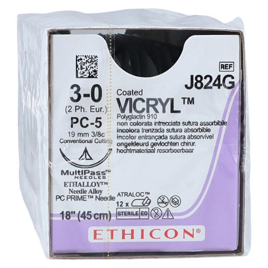 Suture, Precision Cosmetic Conventional Cutting Prime , Size 3-0, 18", Undyed Braided, Needle PC-5, 3/8 Circle, 1 dz/bx (Continental US Only)