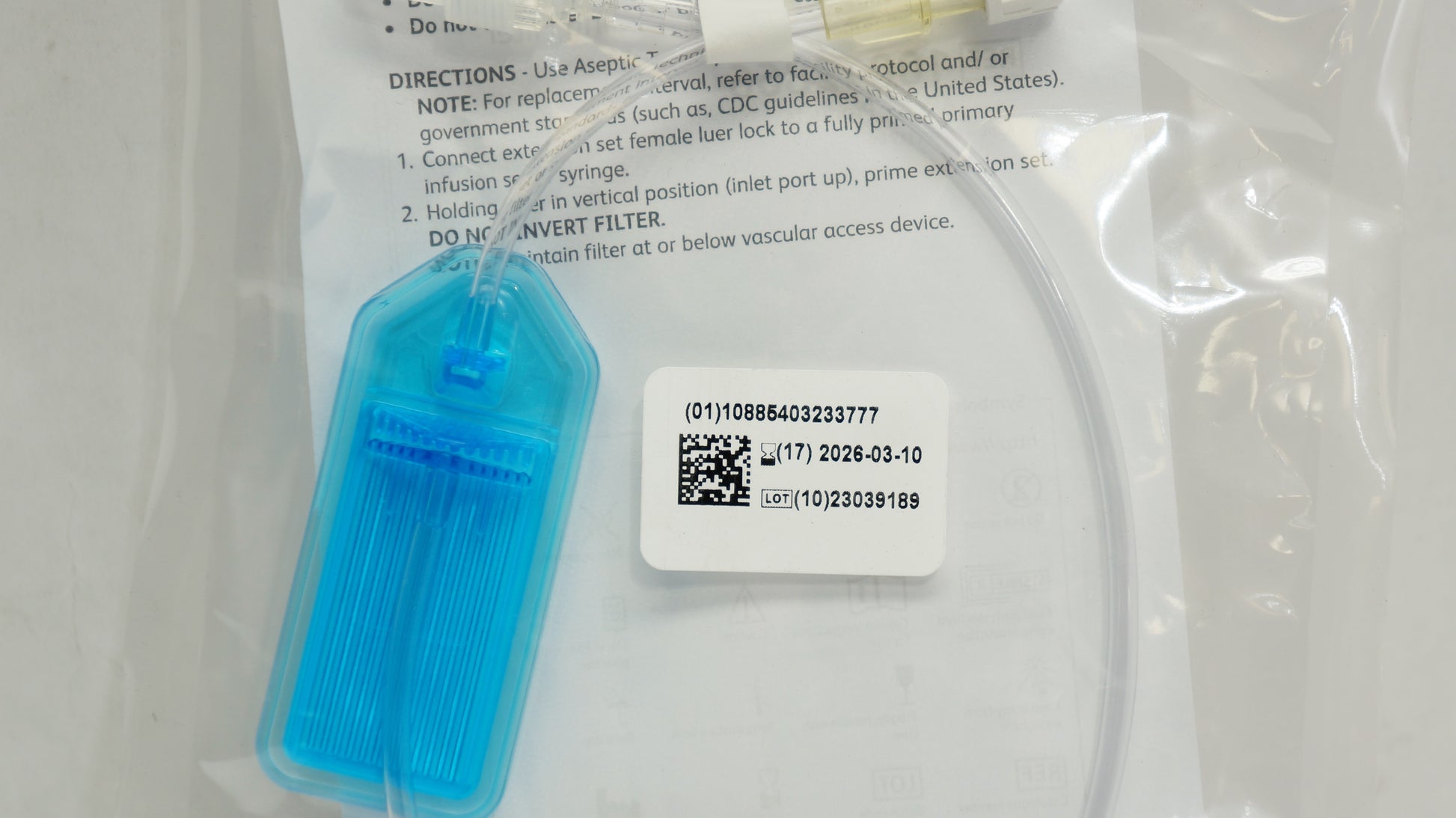 Extension Set,  1.2 Micron Filter (1.72 sq. in low protein binding), Spin Male Luer Lock, 17" Length, 4 ml PV, Sterile Fluid Path, Not made with DEHP, 100/cs (Continental US Only) (Drop Ship Requires Pre-Approval)