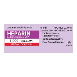 Heparin Sodium Injection, USP, 1000 units/ml, 1 ml Vial, Single Dose, Glass Fliptop Vial, 25/bx (Rx) (Item is Non-Returnable) (We must have your Wholesale Drug License on File before shipping this product) (US Only, Excluding IN and ND)