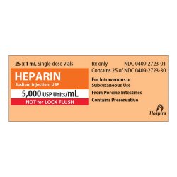 Heparin Sodium Injection, USP, 5000 units/ml, 1 ml Vial, Single Dose, Glass Fliptop Vial, 25/bx (Rx) (Item is Non-Returnable) (We must have your Wholesale Drug License on File before shipping this product) (US Only, Excluding IN and ND)