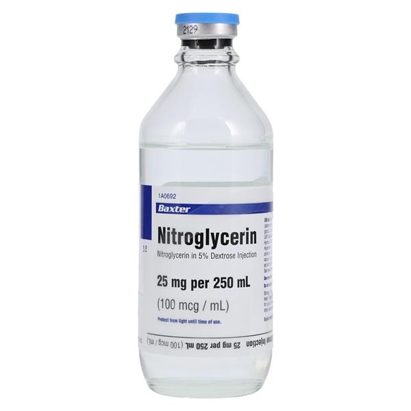 Nitroglycerin, 5% Dextrose Injection, 25 mg/ 250 ml (100 mcg/ml), Liquid Premix Medication in Glass Container, 12/cs (Rx) (Item is Non-Returnable) (Continental US Only, Excluding IN and ND) (Product Access Restricted. Check with your sales rep to verify eligibility)