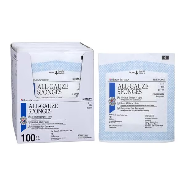 Henry Schein Premium 100% Cotton All-Gauze Sponge 2x2" 8 Ply Sterile Square LF, 100/bx (5702642)