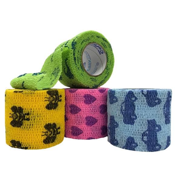 Self-Adherent Wrap, 4" x 5 yds, Kids Pack, includes Light Blue with Dark Blue Cars/Trucks, Neon Green with Dark Blue Dinosaurs, Neon Pink with Purple Hearts & Yellow with Black Bumblebees, Hand Tear, Latex Free (LF), 18 rl/cs