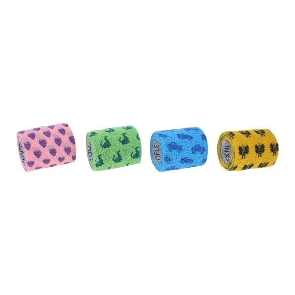 Self-Adherent Wrap, 3" x 5 yds, Kids Pack, includes Light Blue with Dark Blue Cars/Trucks, Neon Green with Dark Blue Dinosaurs, Neon Pink with Purple Hearts & Yellow with Black Bumblebees, Hand Tear, Latex Free (LF), 24 rl/cs