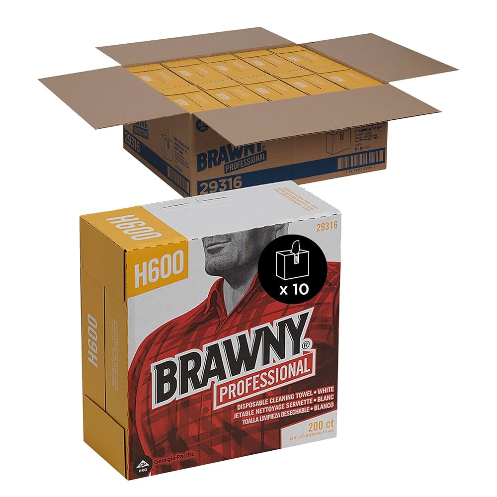 Disposable Cleaning Towel, Brawny Professional H600, Tall Box, White, 200/bx, 10bx/cs