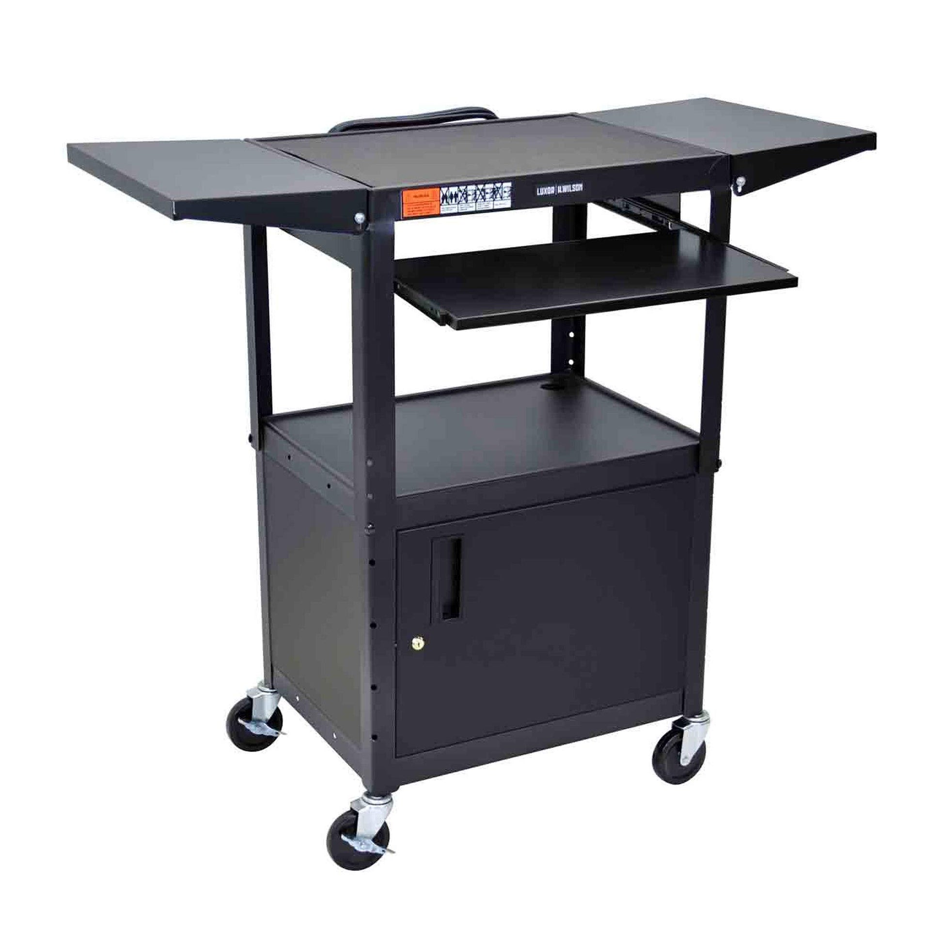 AV Cart, Steel, Adjustable, 24"W x 18"D x 24"-42"H, 15ft Cord, Drop-Leaf Side Shelves: 11"W x 18"D, Cabinet Interior: 24"W x 17.5"D x 16.625"H, Keyboard Tray: 18.75"W x 11.75"D, (4) 4" Silent-Roll Full-Swivel Ball Bearing Casters (2 with Locking Brake) (DROP SHIP ONLY)
