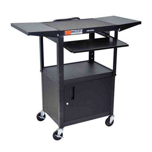 AV Cart, Steel, Adjustable, 24"W x 18"D x 24"-42"H, 15ft Cord, Drop-Leaf Side Shelves: 11"W x 18"D, Cabinet Interior: 24"W x 17.5"D x 16.625"H, Keyboard Tray: 18.75"W x 11.75"D, (4) 4" Silent-Roll Full-Swivel Ball Bearing Casters (2 with Locking Brake) (DROP SHIP ONLY)