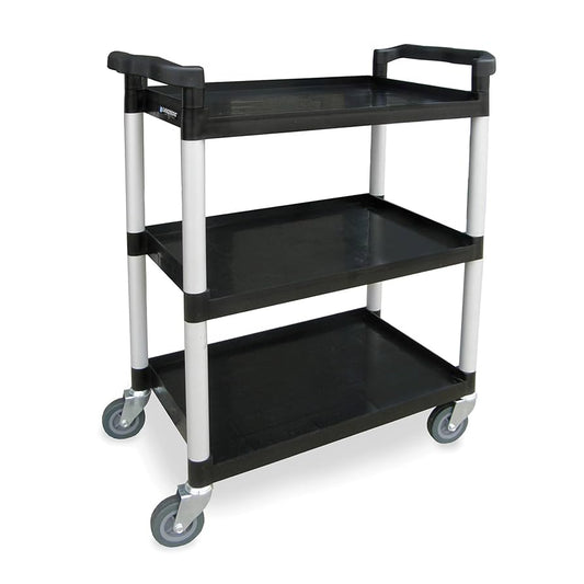 17-1/2"W X 31-3/4"L X 38"H Black Plastic Utility Cart W/Aluminum Legs; 300 Lb. Load Capacity; Three 16"W X 25-1/2"L Shelves W/11-1/2" Shelf Clearance; 4" All Swivel Casters; Stain & Odor-Resistant Material; Assembles Easily Without Hardware (DROP SHIP ONLY)
