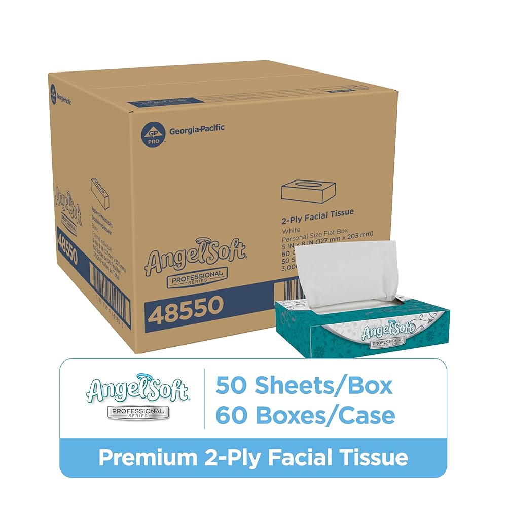 Facial Tissue, White Flat box, 8"x5", Personal size, 50 sh/bx, 60 bx/cs, (54 cs/plt)