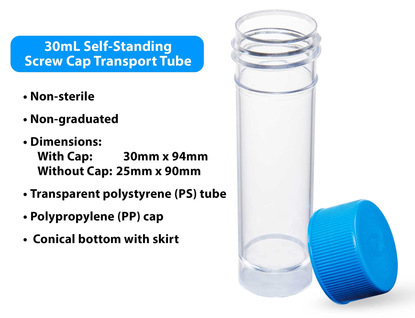 Transport Tube, PS, 30 mL, Non-Sterile, 500/cs