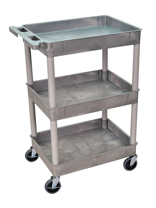Tub Cart, Three Shelves (2.75" Deep each), Gray, 24"W x 18"D x 36.5"H, with (4) 4" Casters (2 with Locking Brakes), Maximum Weight Capacity 300lbs, Assembly Required (DROP SHIP ONLY)