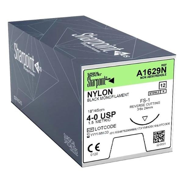 Nylon Suture, Monofilament, Reverse Cutting, Size 4-0, 18"/45cm, 24mm, 3/8 Circle, 12/bx
